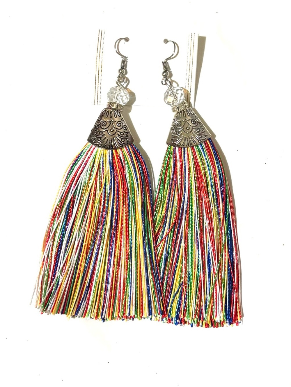 Multicolor Tassel Drop Earrings with Silver-Tone Cap